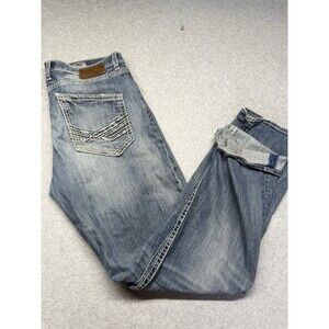 BKE Mens Straight Fit Selvedge Denim Jeans Medium Wash Embroidered Logo Stretch